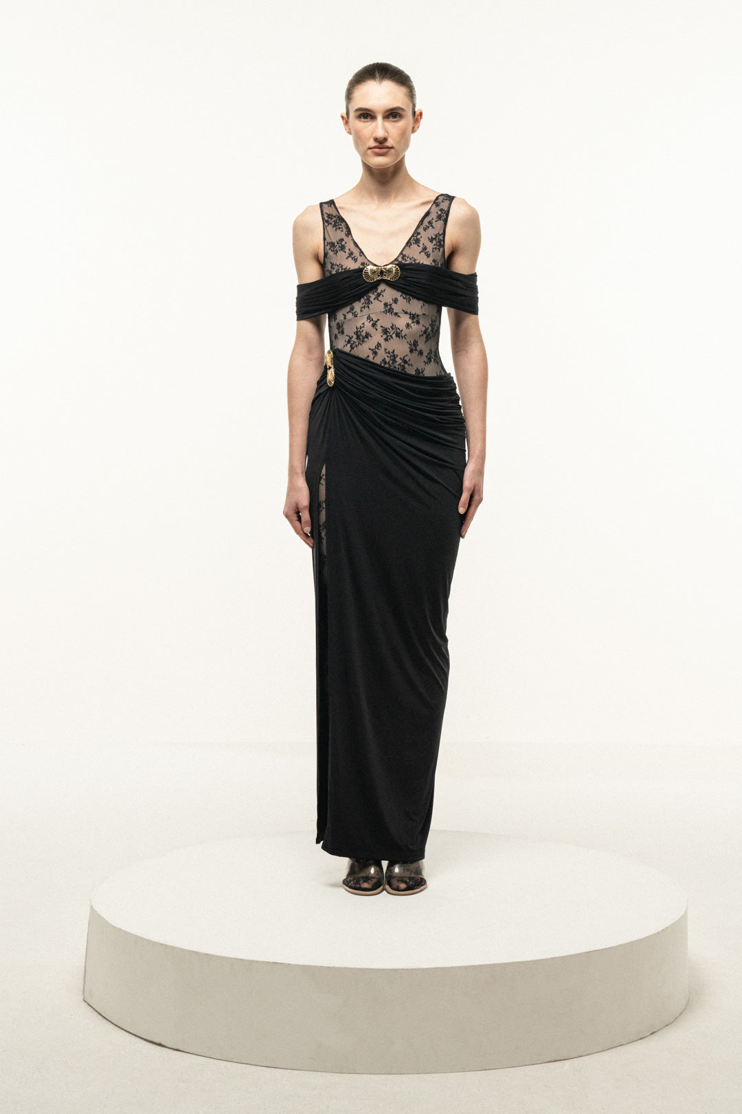 BLACK LACE BODICE DRAPED MAXI DRESS