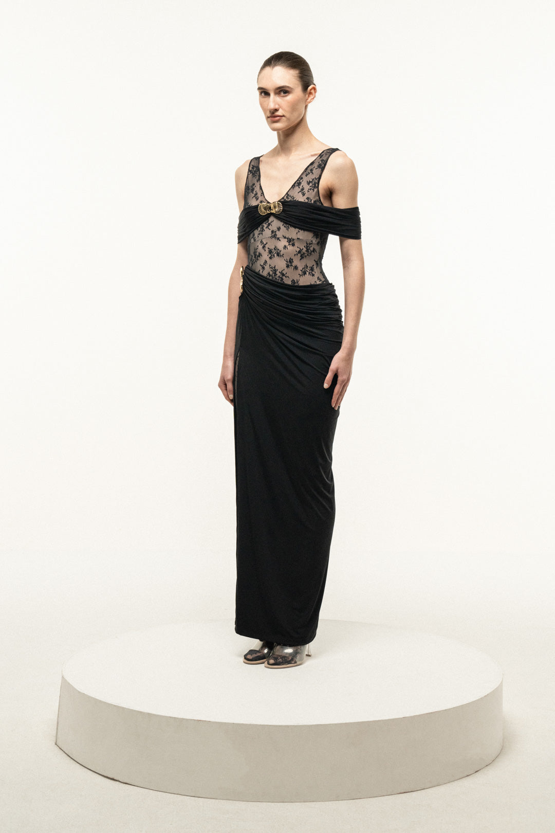 BLACK LACE BODICE DRAPED MAXI DRESS
