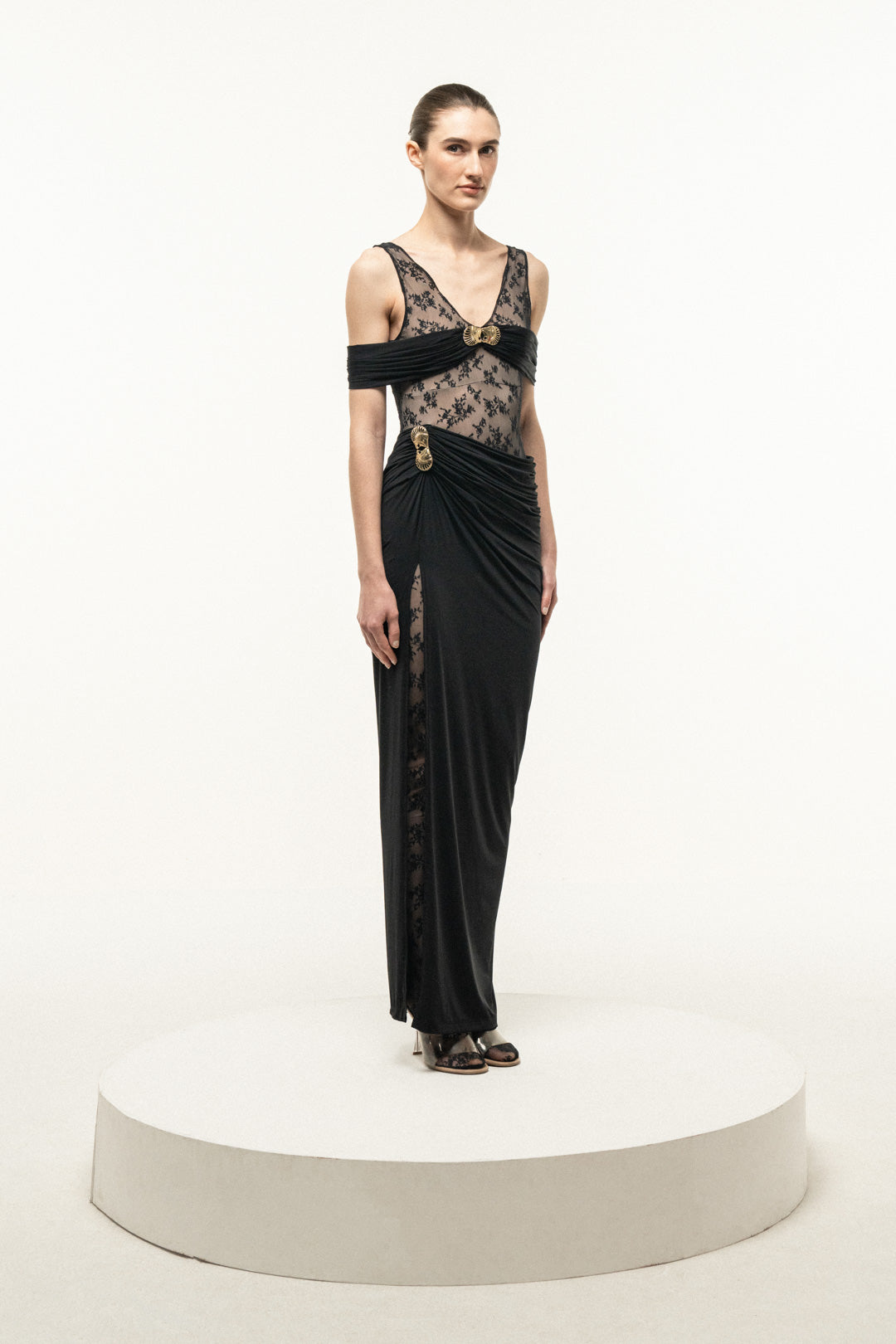 BLACK LACE BODICE DRAPED MAXI DRESS