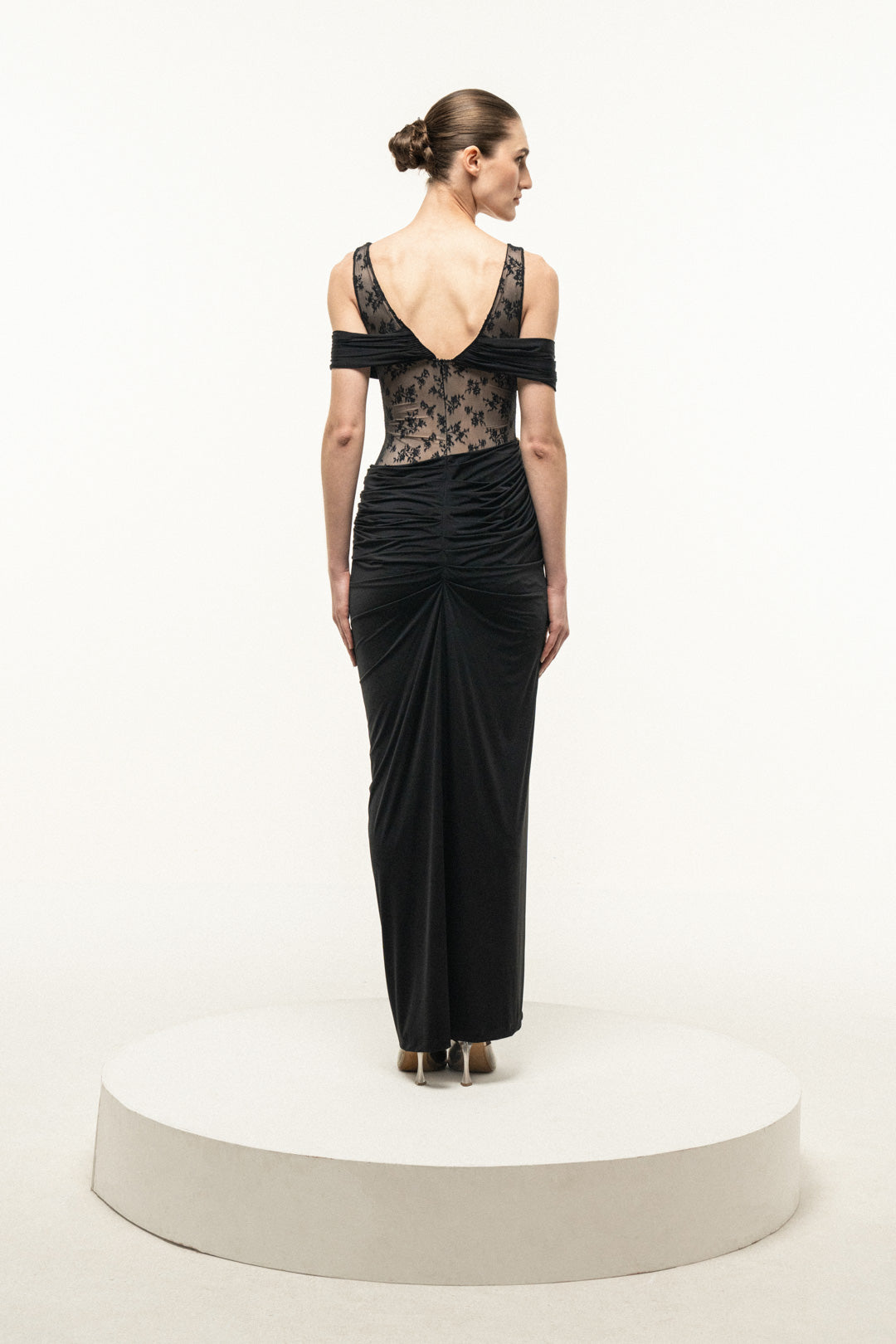 BLACK LACE BODICE DRAPED MAXI DRESS
