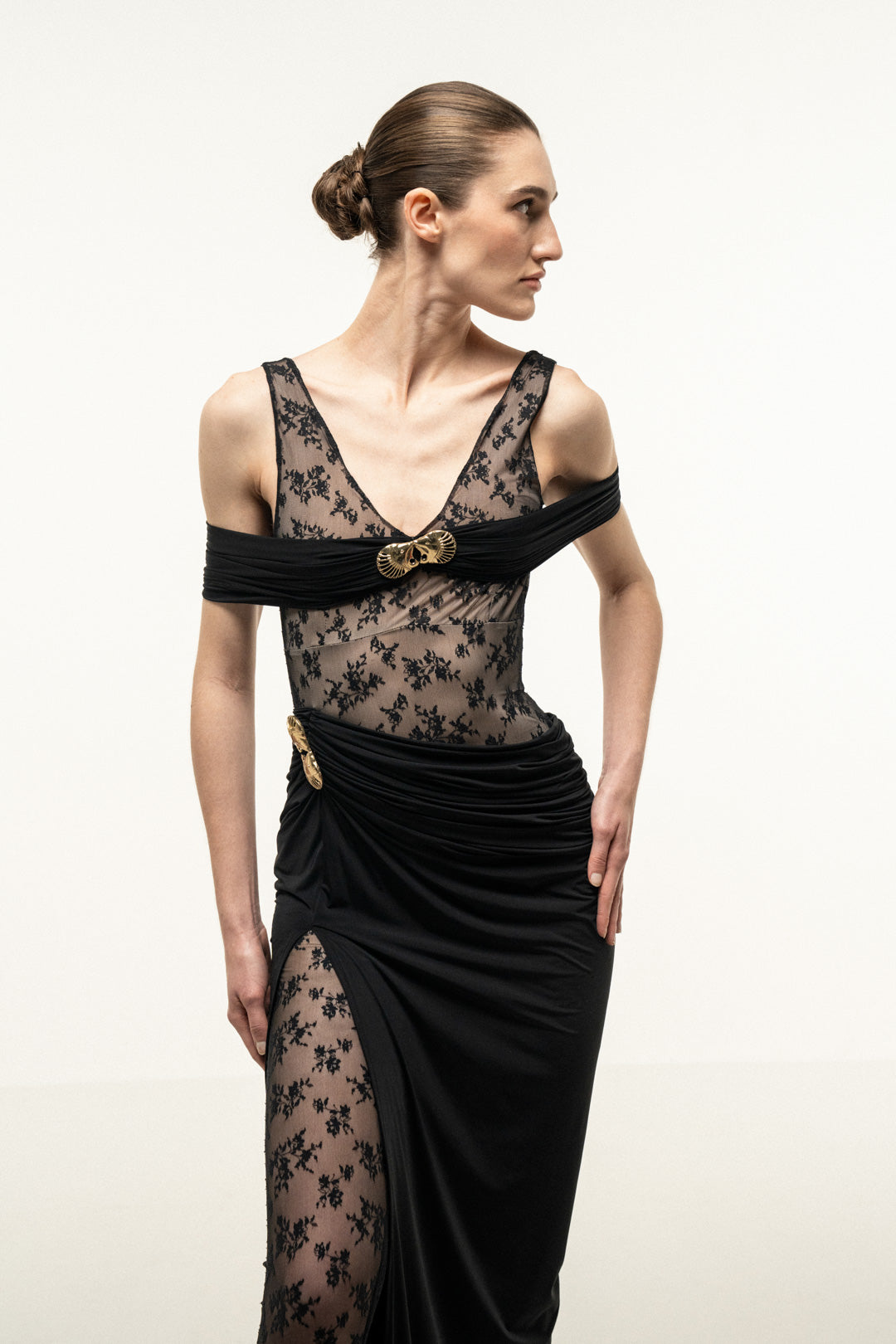 BLACK LACE BODICE DRAPED MAXI DRESS