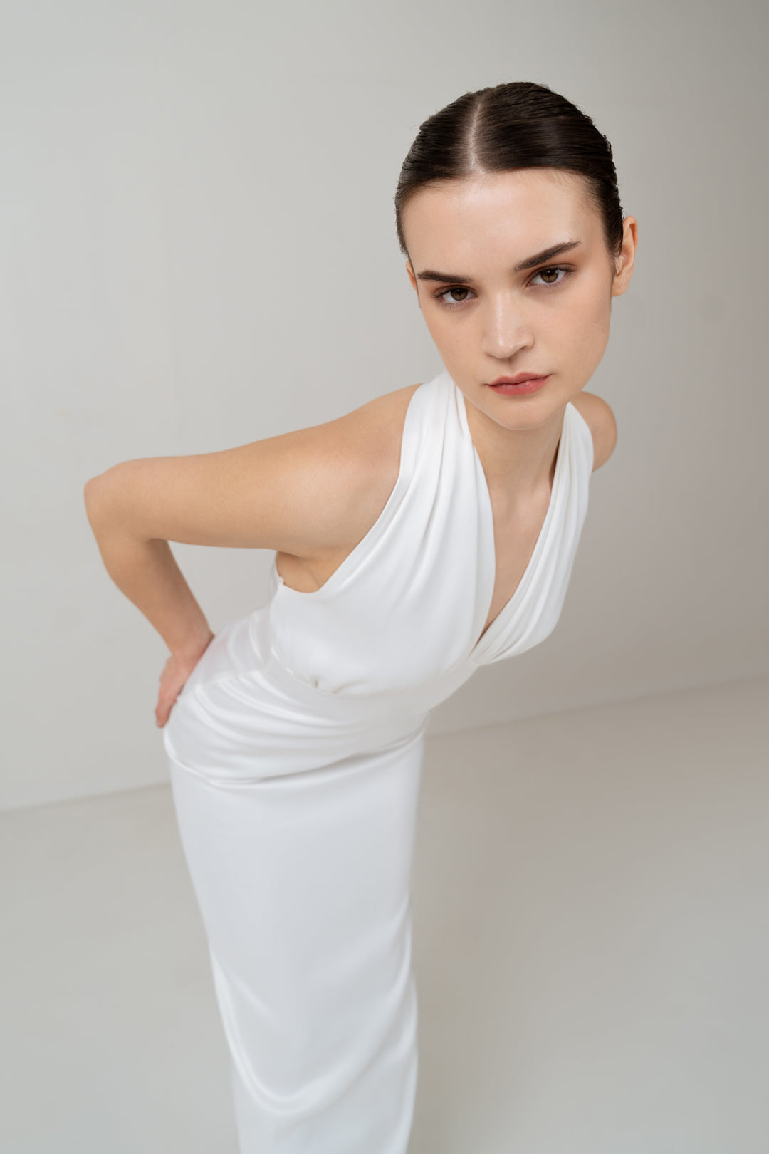 WHITE SATIN HALTER NECK DRESS