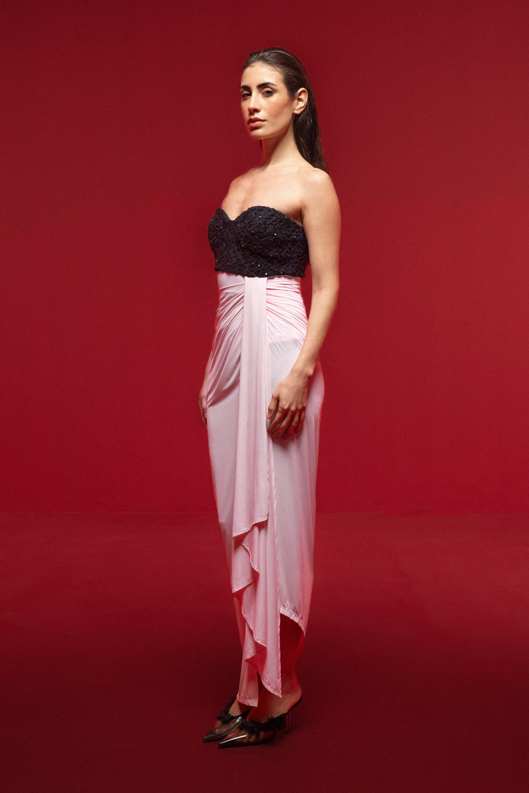 PINK BLACK SEQUIN BUST MAXI DRESS