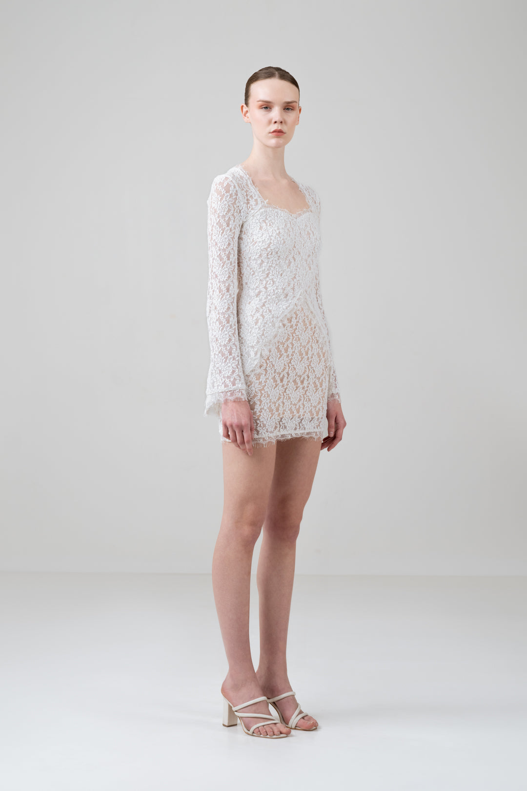 SCALLOP LACE MINI DRESS WITH ANGEL SLEEVES