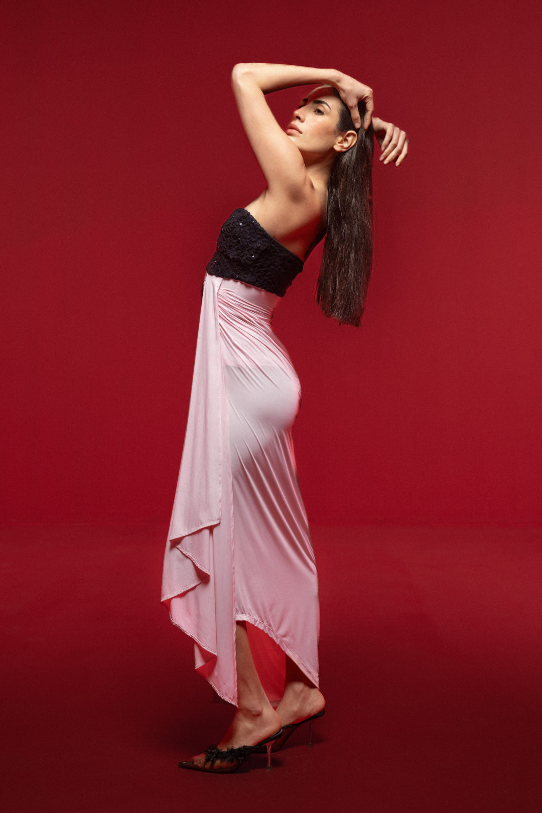 PINK BLACK SEQUIN BUST MAXI DRESS