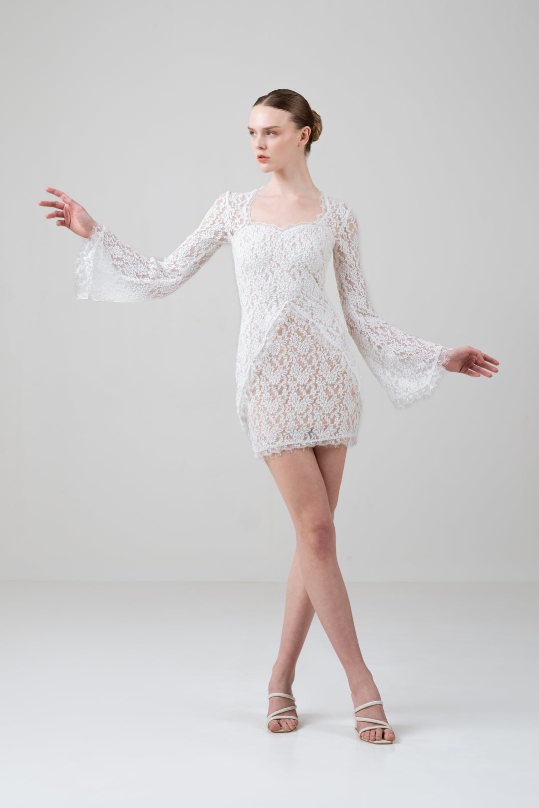 SCALLOP LACE MINI DRESS WITH ANGEL SLEEVES