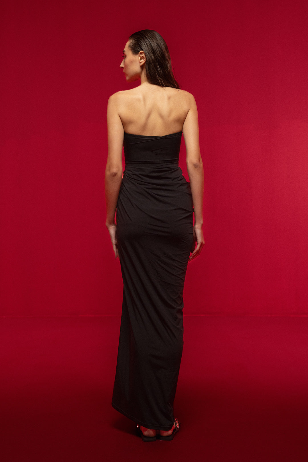 BLACK EMBELLISHED STRAPLESS MAXI DRESS WITH SLIT