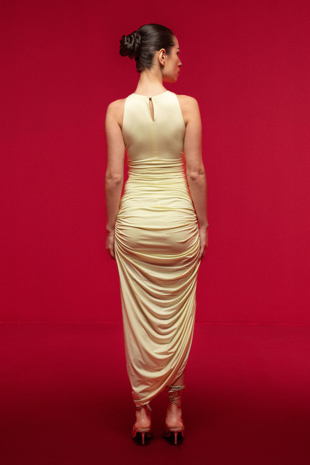 EMBELLISHED HALTER-NECK DRAPED MIDI DRESS