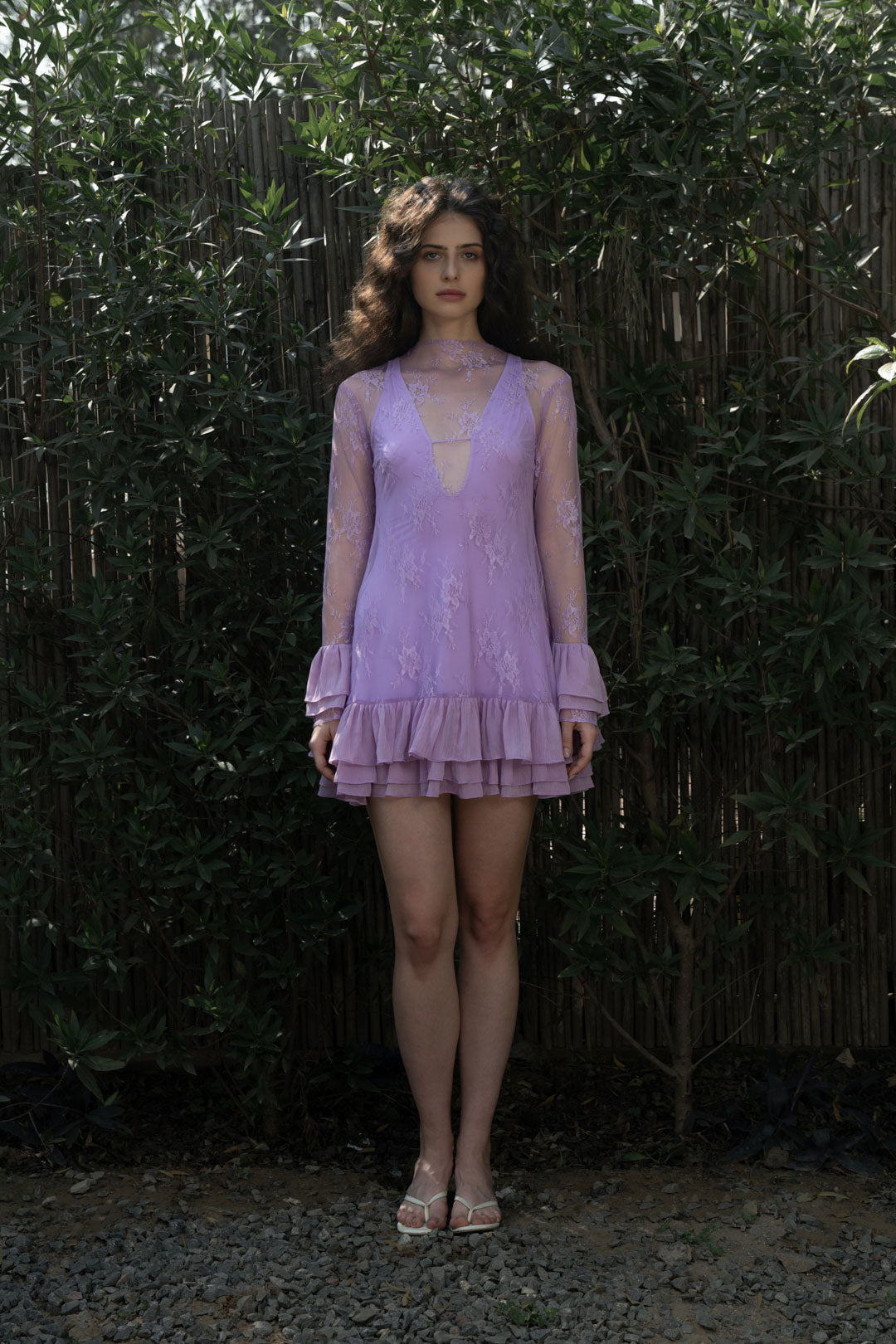 LILAC LACE RUFFLE MINI DRESS