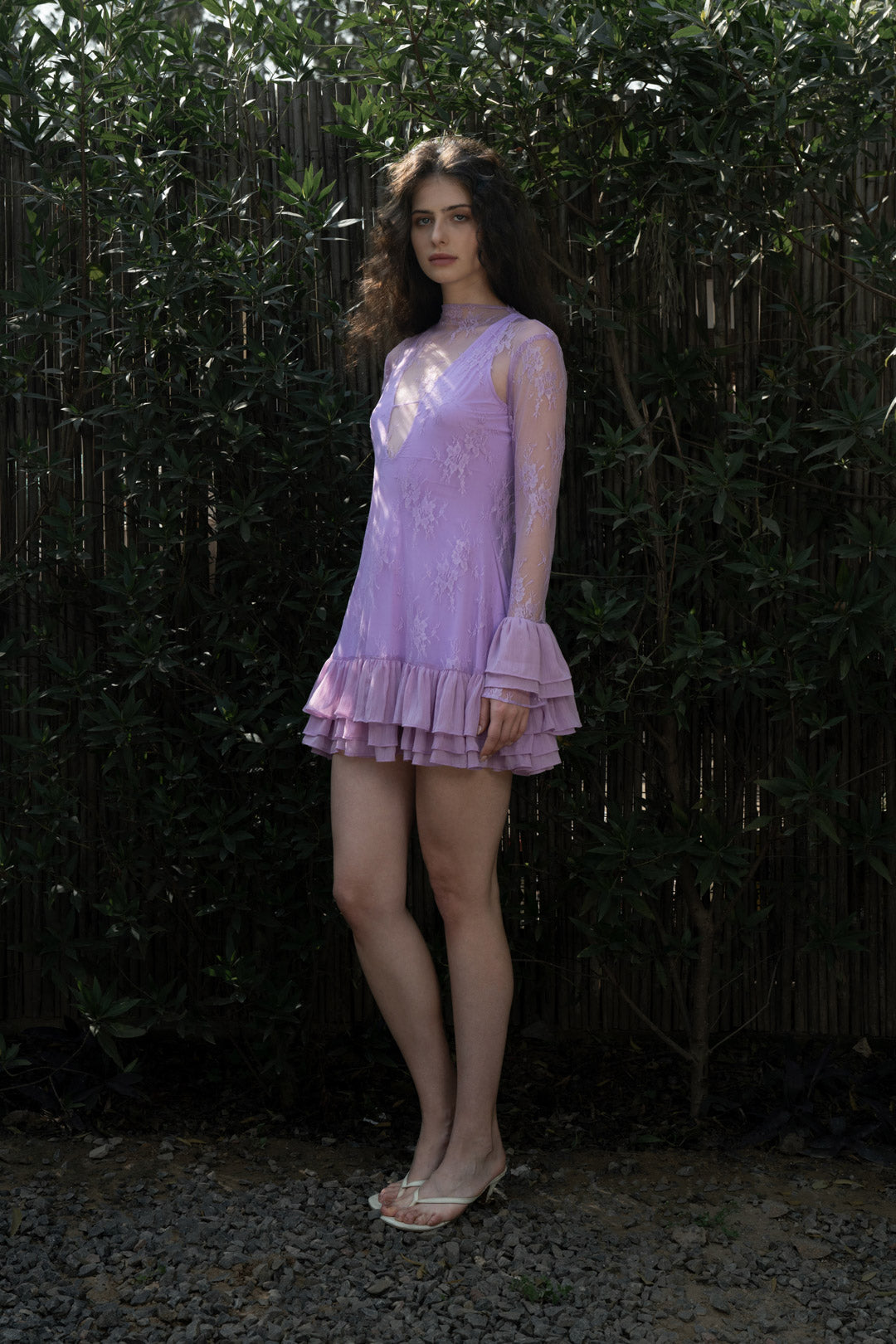 LILAC LACE RUFFLE MINI DRESS