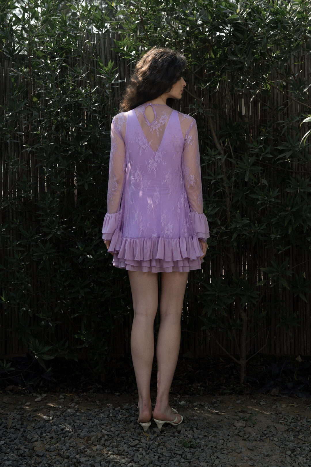 LILAC LACE RUFFLE MINI DRESS