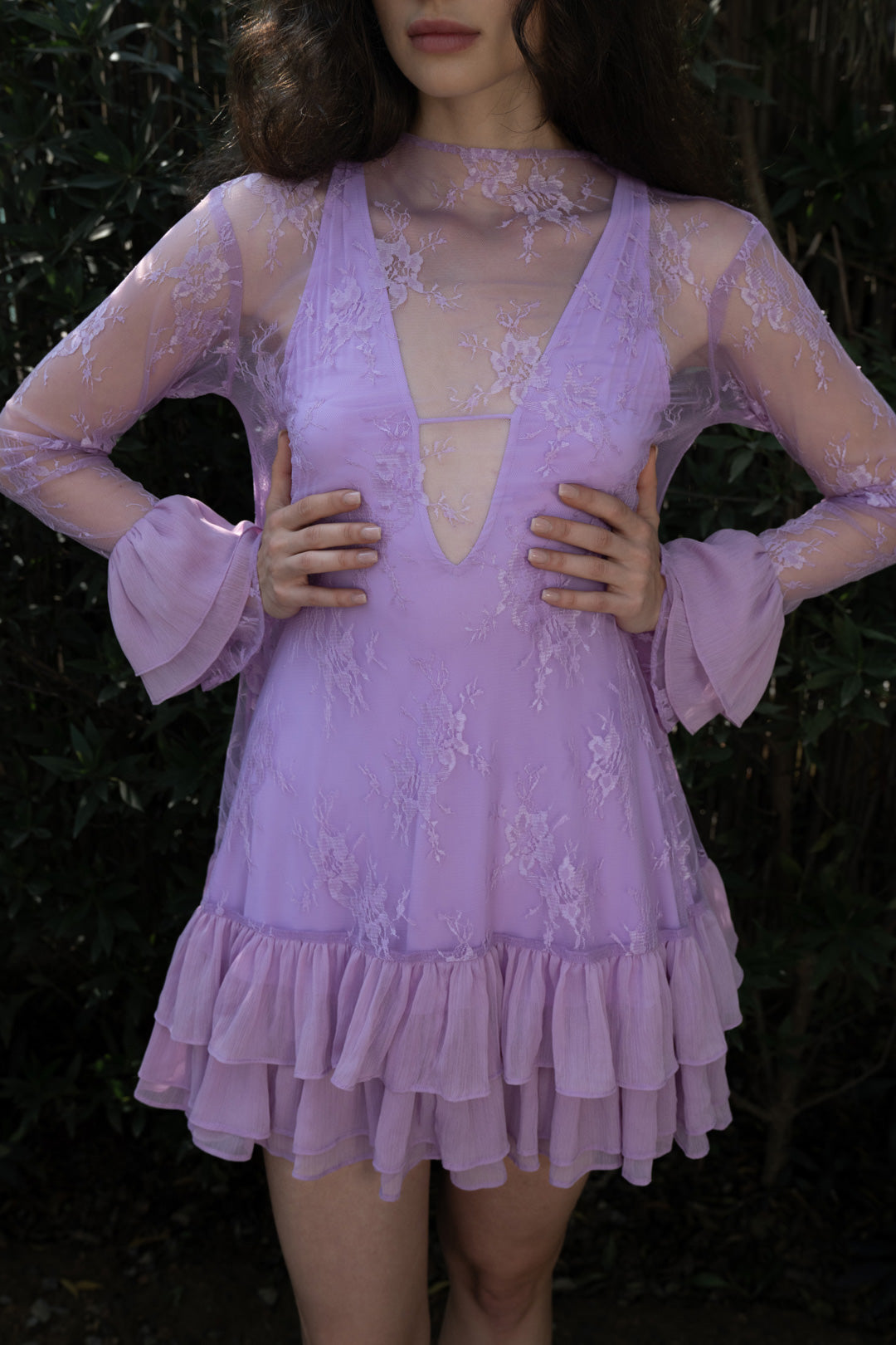 LILAC LACE RUFFLE MINI DRESS
