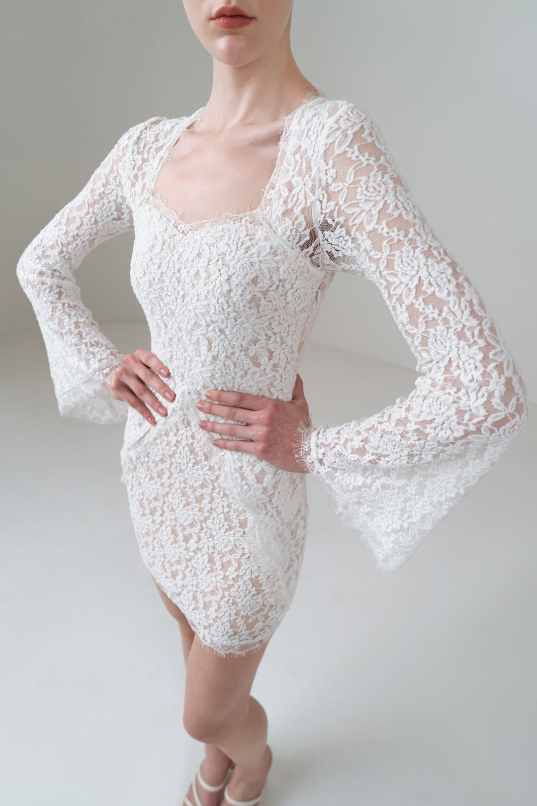 SCALLOP LACE MINI DRESS WITH ANGEL SLEEVES