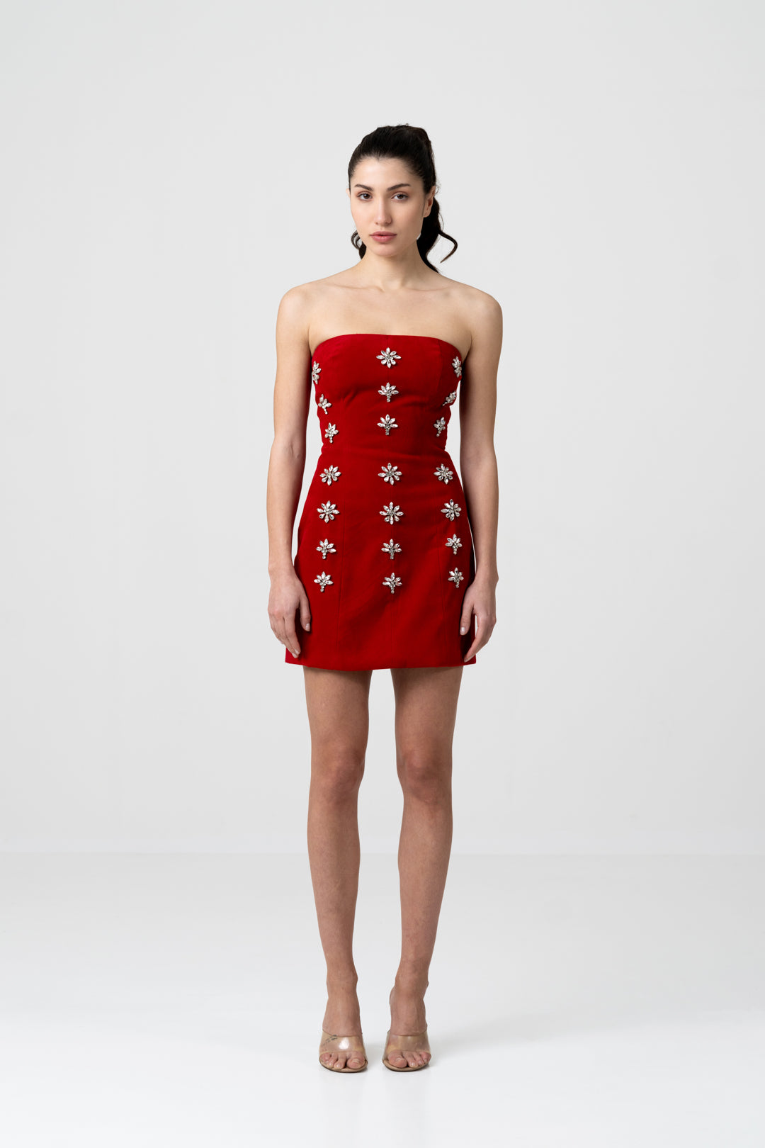 RED VELVET SNOWFLAKE EMBELLISHED MINI DRESS