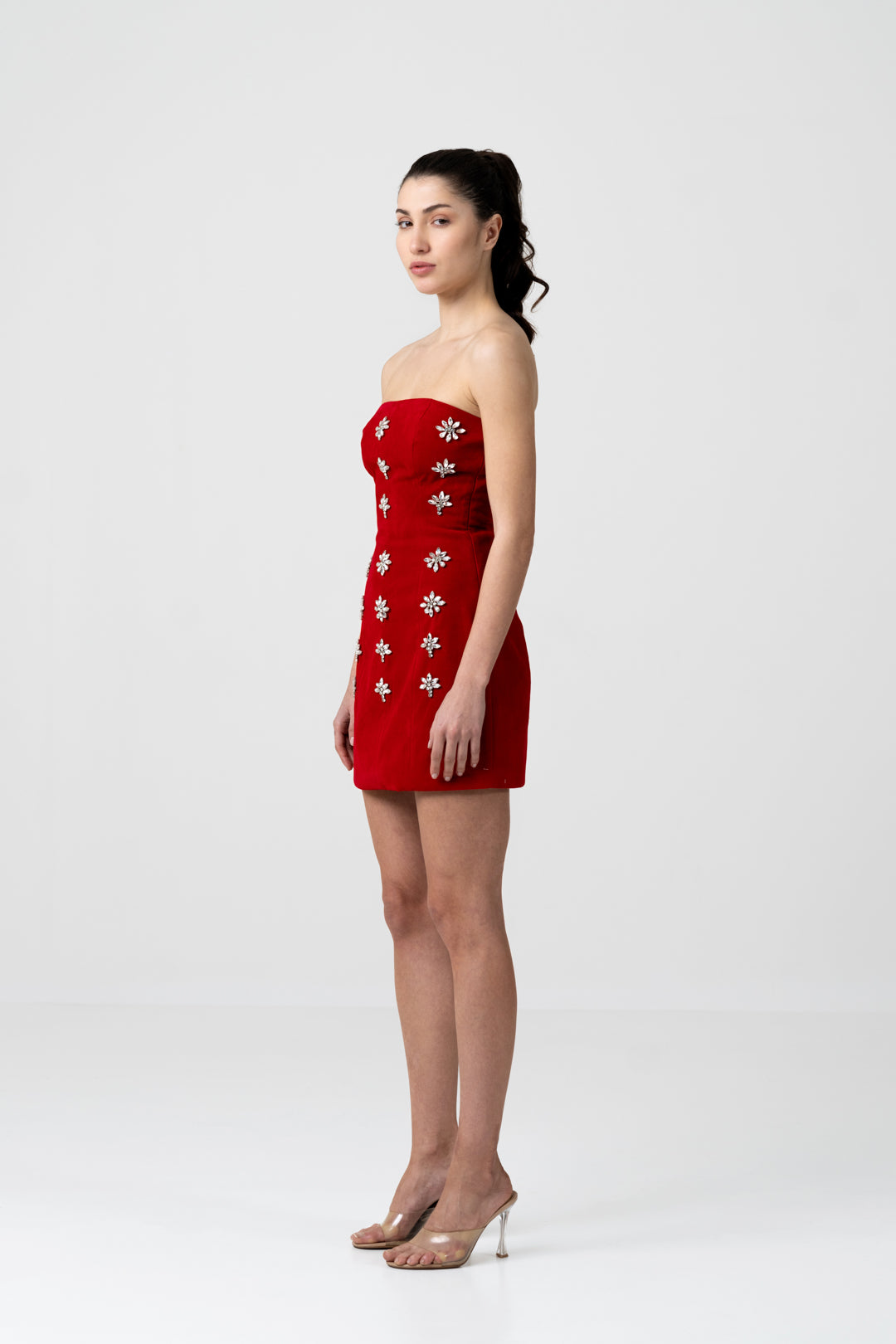 RED VELVET SNOWFLAKE EMBELLISHED MINI DRESS