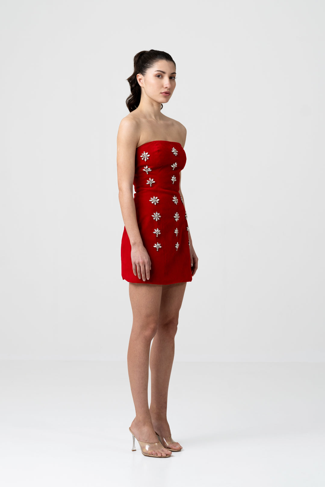 RED VELVET SNOWFLAKE EMBELLISHED MINI DRESS