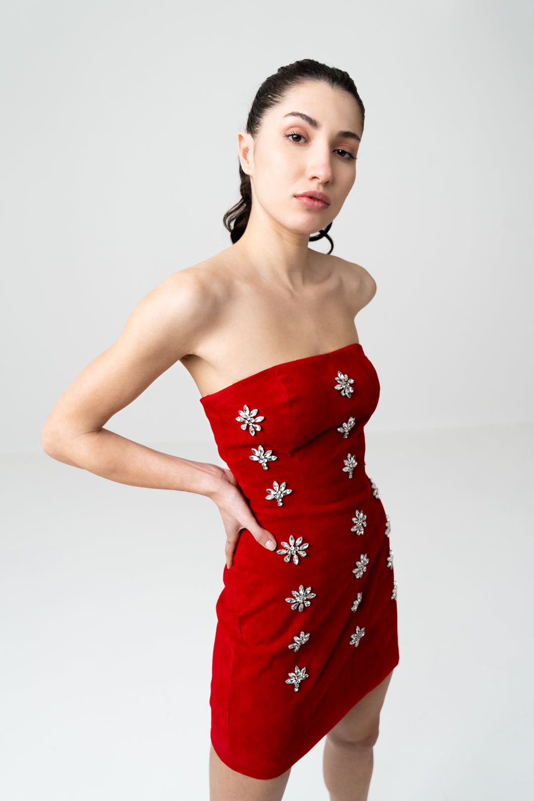 RED VELVET SNOWFLAKE EMBELLISHED MINI DRESS