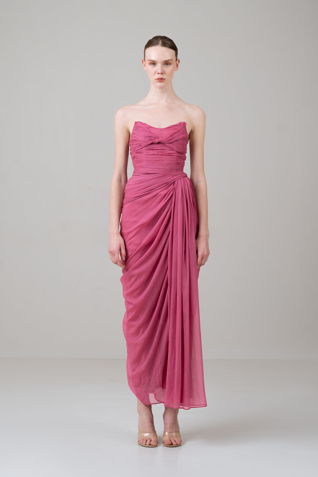 METALLIC PINK DRAPED CORSET DRESS