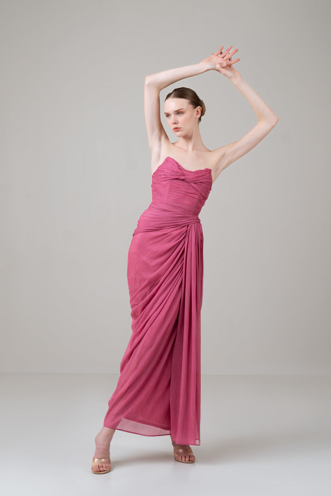 METALLIC PINK DRAPED CORSET DRESS