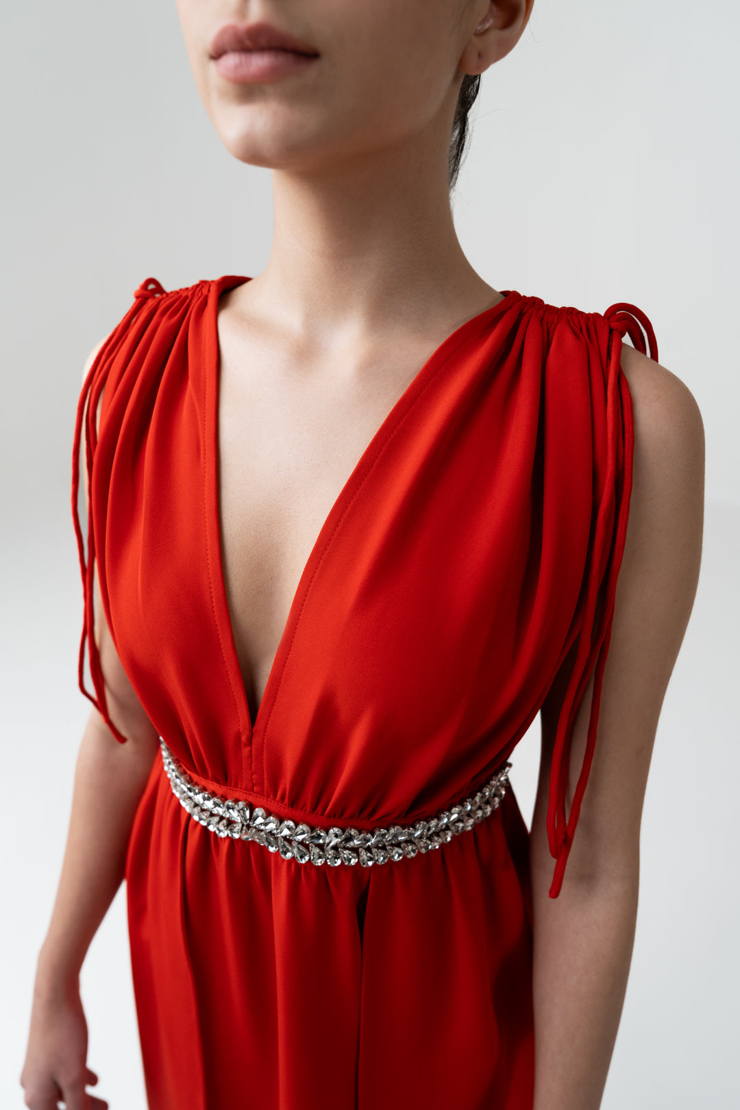 ADJUSTABLE SLEEVE EMBELLISHED RED DRESS