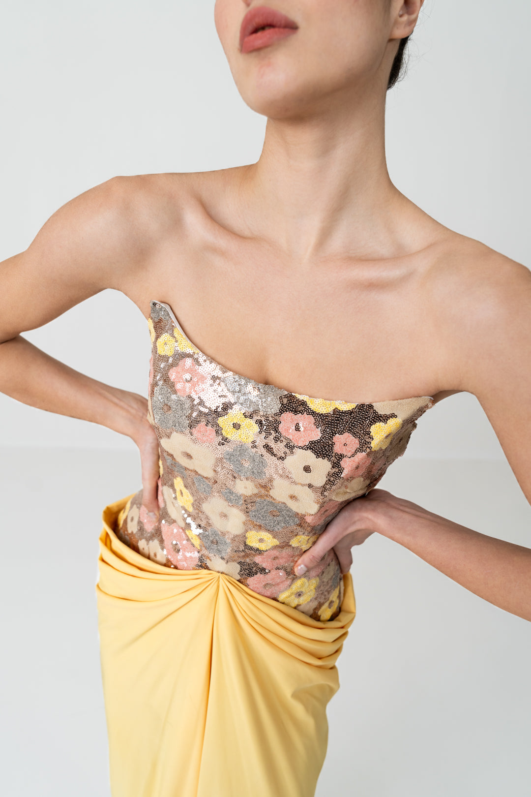 FLOWER SEQUIN CORSET DRAPE DRESS - Main Image