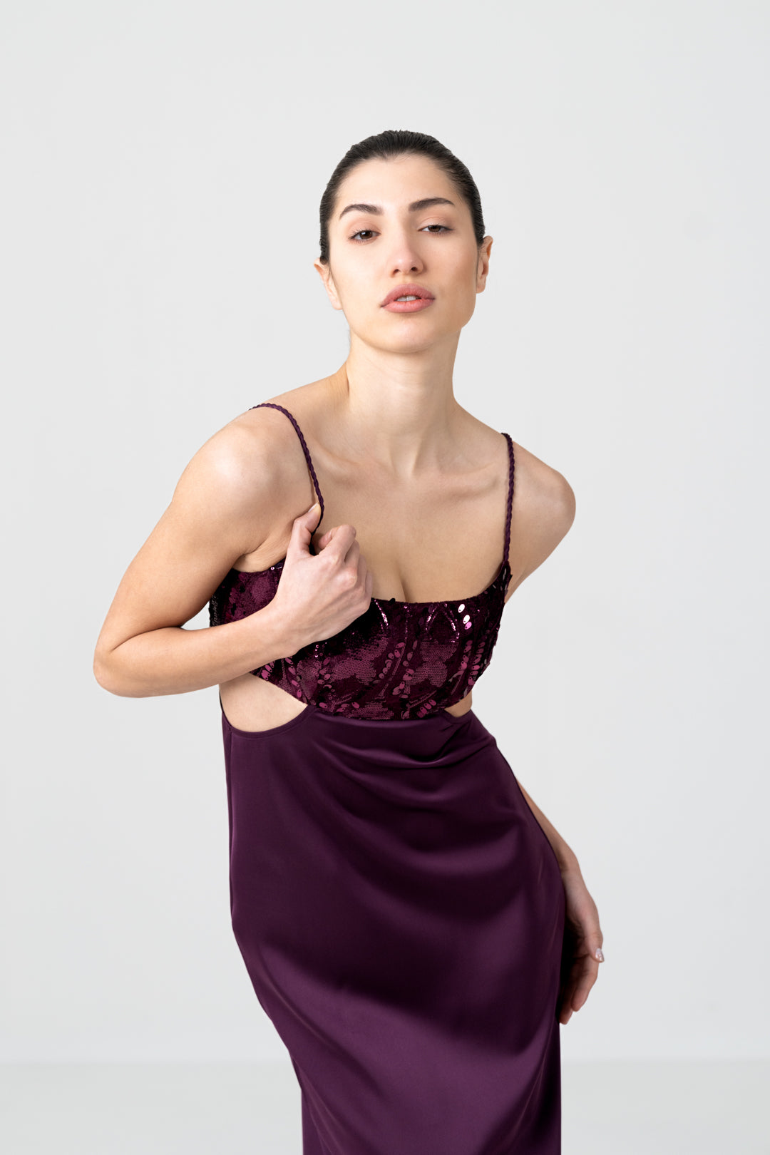 BLACKBERRY VELVET SEQUIN CUTOUT DRESS