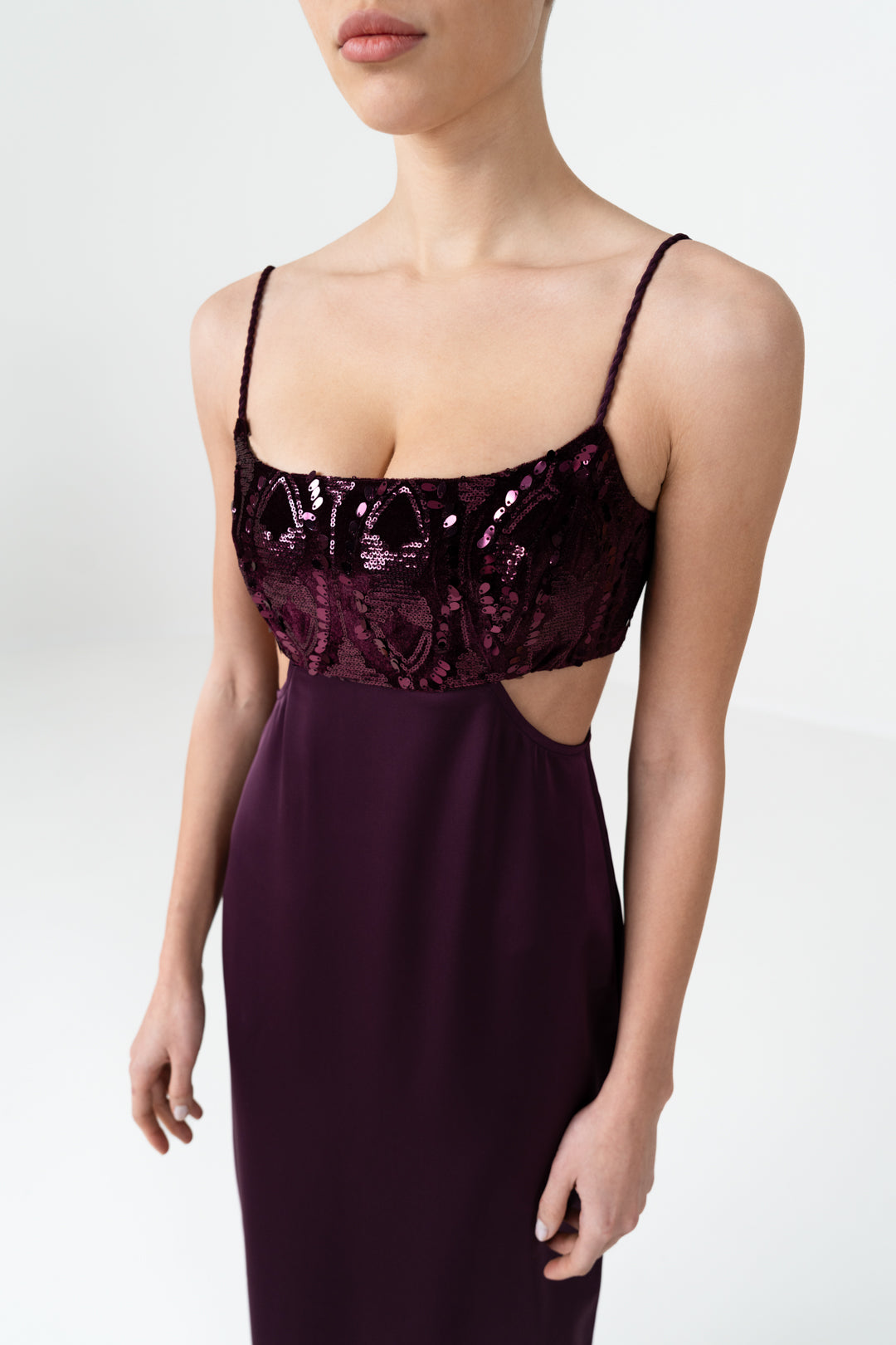 BLACKBERRY VELVET SEQUIN CUTOUT DRESS