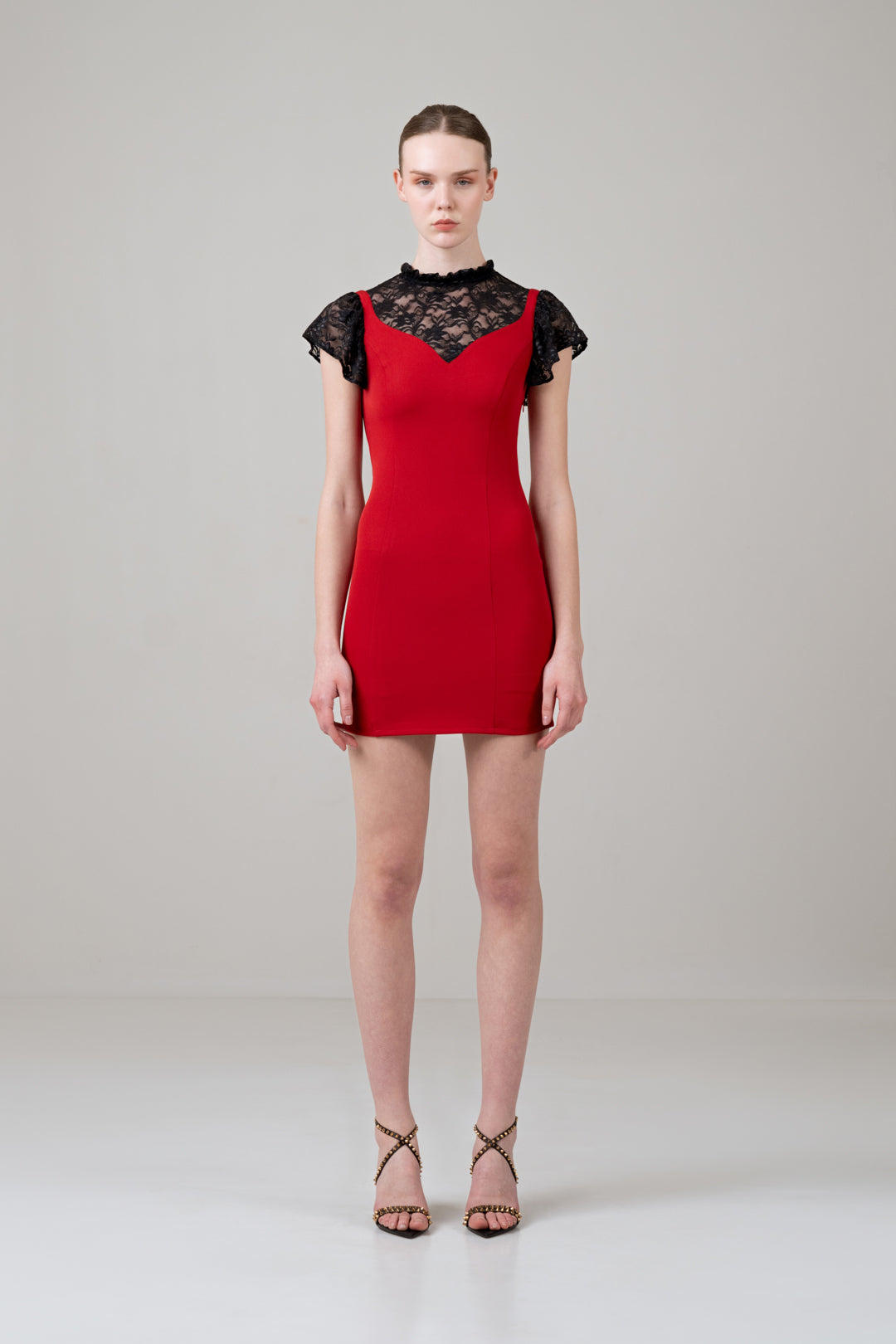 RED MINI FITTED DRESS WITH MESH PANNELING