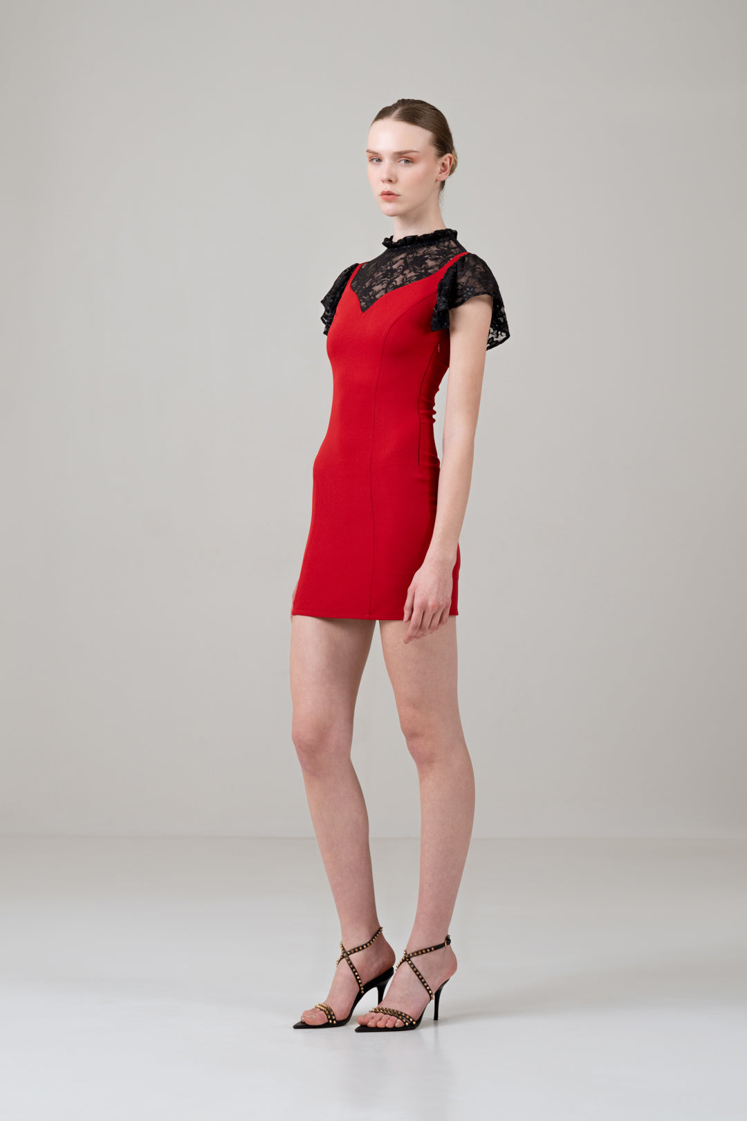 RED MINI FITTED DRESS WITH MESH PANNELING