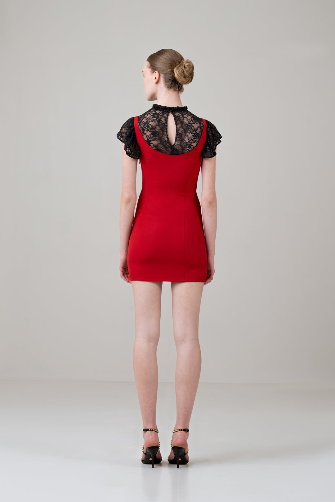 RED MINI FITTED DRESS WITH MESH PANNELING