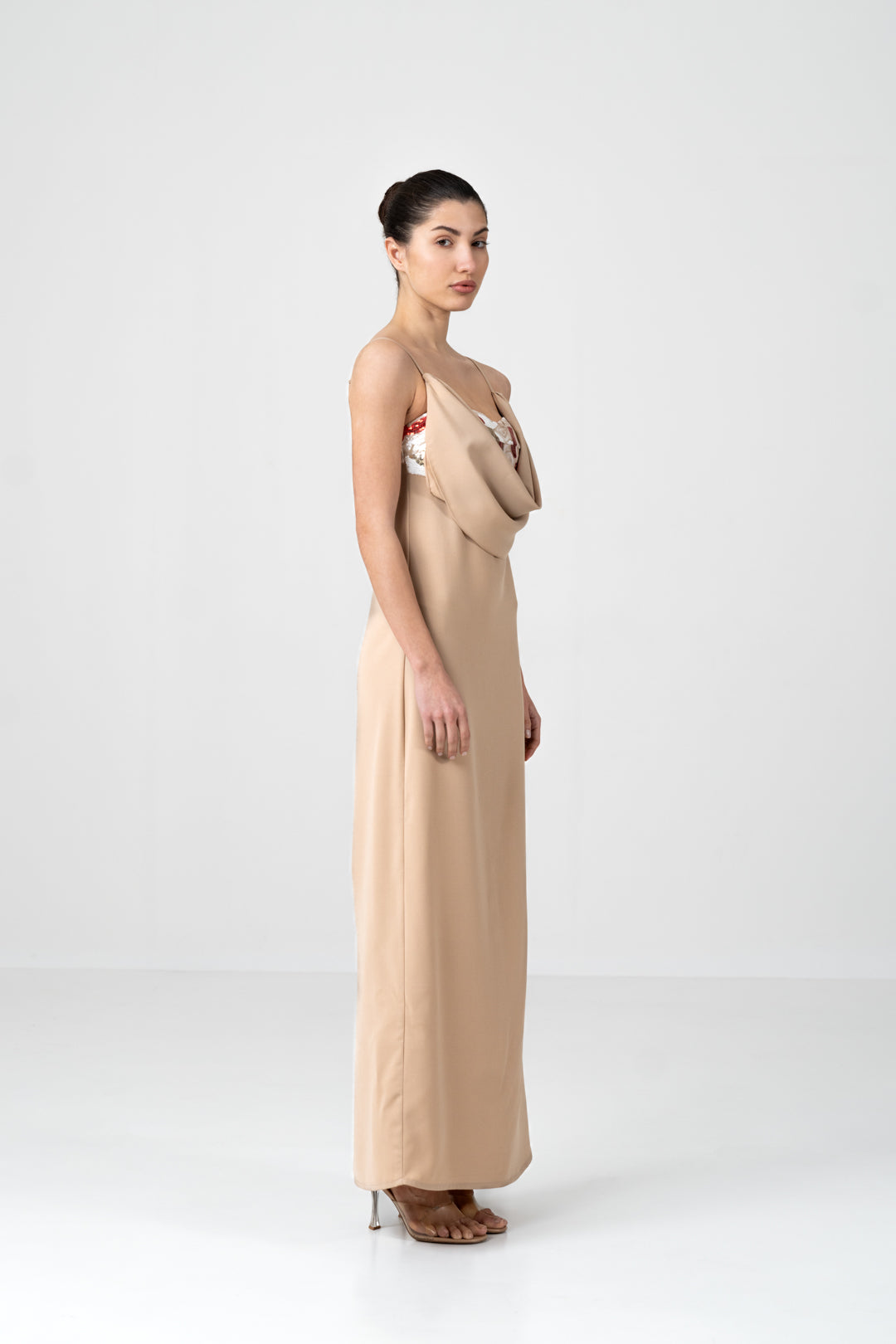 SEQUIN BRALETTE BEIGE COWL DRAPE DRESS