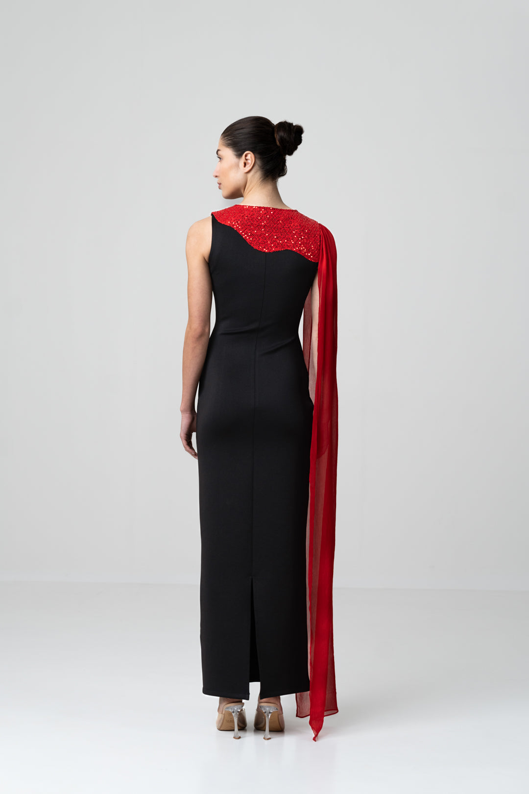 RED SEQUIN PATCH-WORK DRESS WITH ONE SHOULDER DRAPE