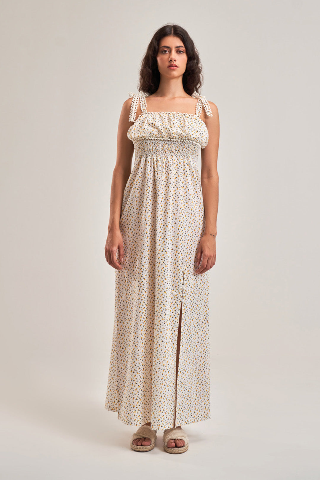 FLORAL EMPIRE SLIT A-LINE DRESS