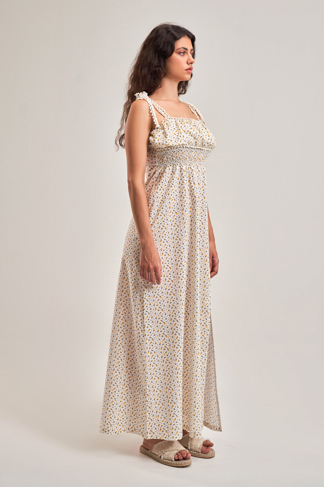 FLORAL EMPIRE SLIT A-LINE DRESS