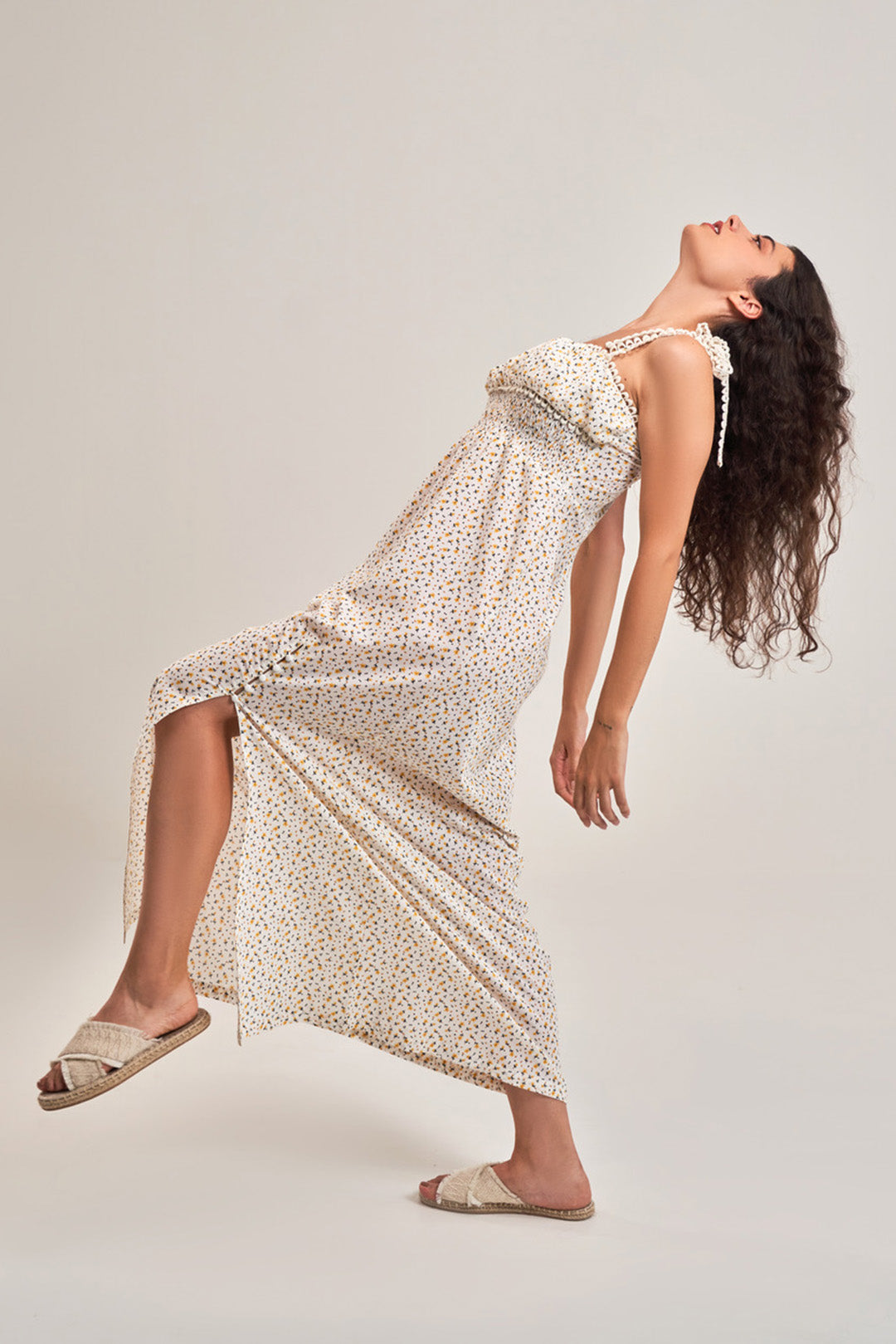 FLORAL EMPIRE SLIT A-LINE DRESS