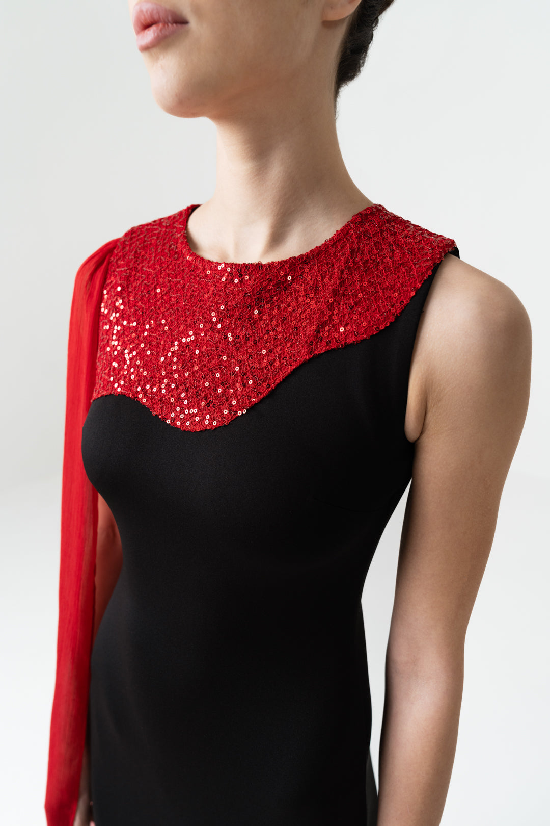 RED SEQUIN PATCH-WORK DRESS WITH ONE SHOULDER DRAPE