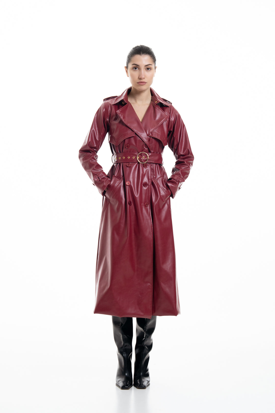 CHERRY RED FAUX LEATHER TRENCH COAT