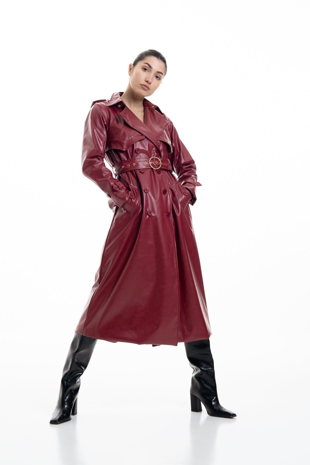 CHERRY RED FAUX LEATHER TRENCH COAT