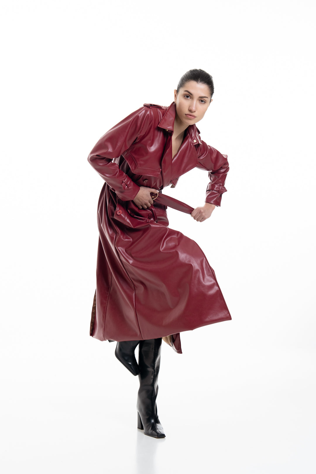 CHERRY RED FAUX LEATHER TRENCH COAT