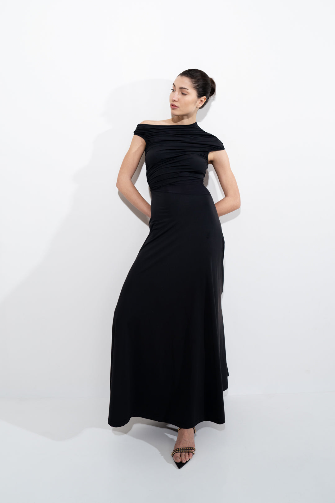 ASYMMETRICAL NECKLINE FLOWY EVENING DRESS