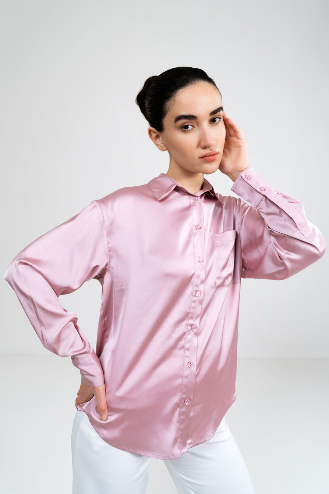 RELAXED FIT PINK SATIN SHIRT