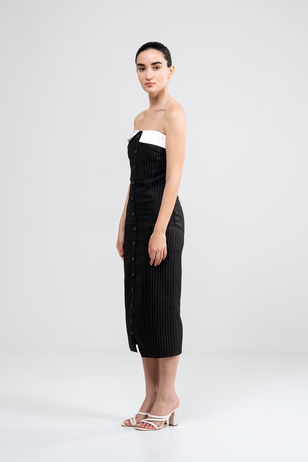 BLACK STRIPED STRAPLESS DRESS