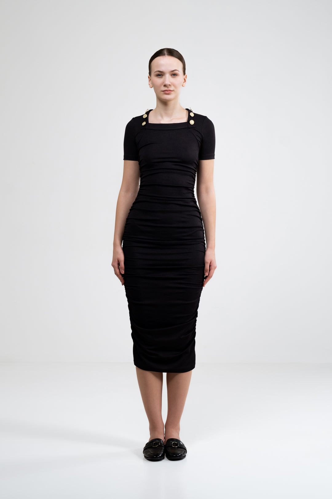 BLACK RUCHED CALF LENGTH DRESS