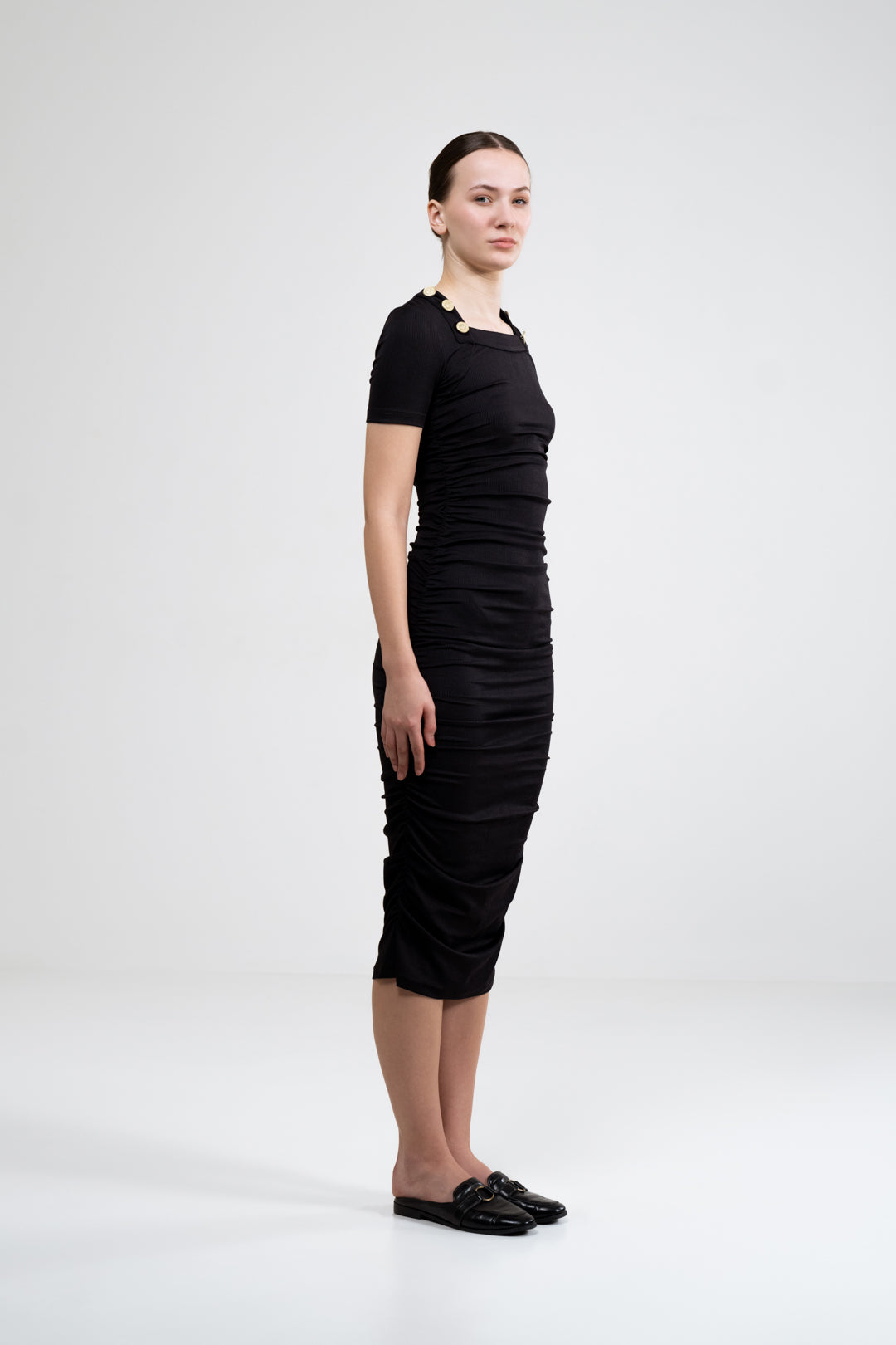 BLACK RUCHED CALF LENGTH DRESS