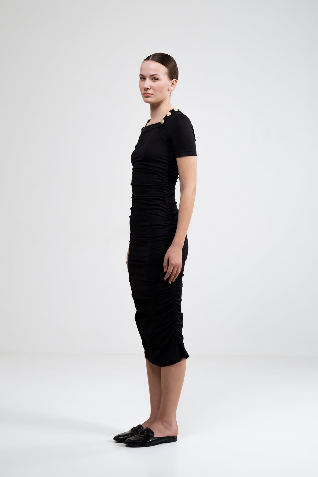 BLACK RUCHED CALF LENGTH DRESS