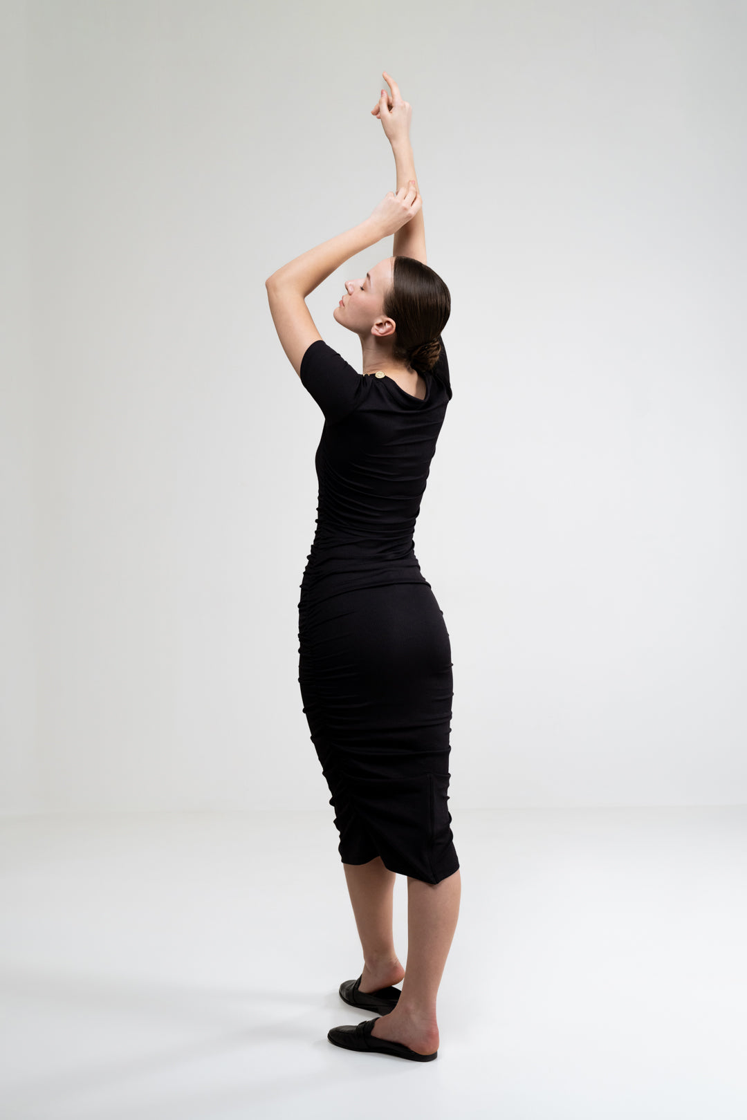 BLACK RUCHED CALF LENGTH DRESS