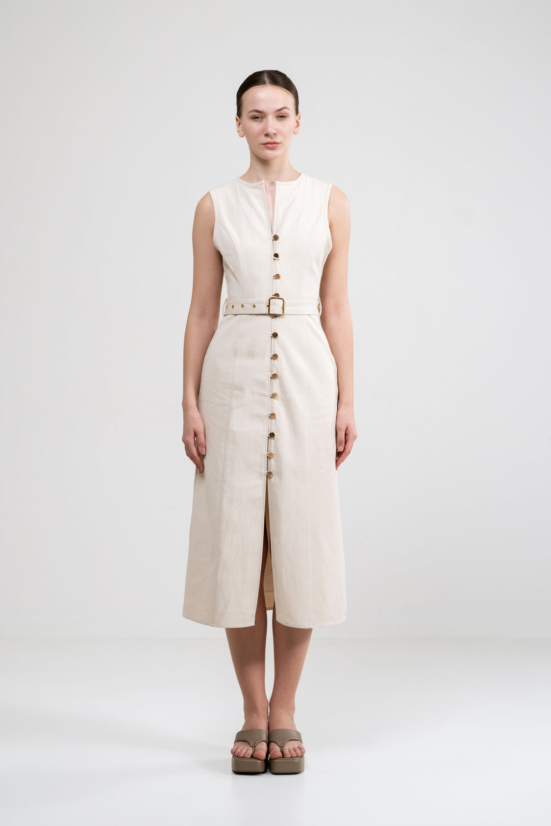 A-LINE BUTTON UP BEIGE DRESS WITH BELT