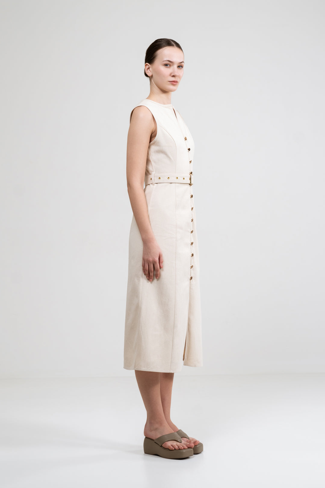 A-LINE BUTTON UP BEIGE DRESS WITH BELT