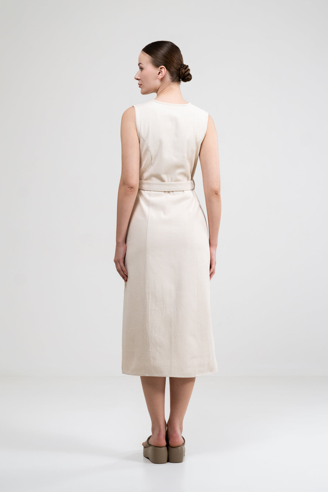 A-LINE BUTTON UP BEIGE DRESS WITH BELT