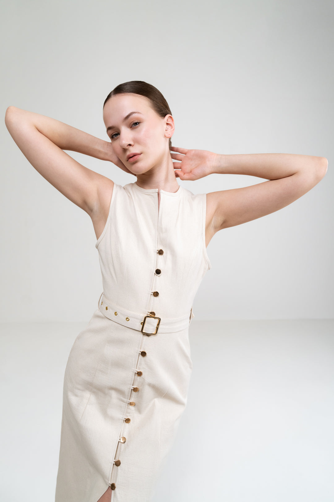 A-LINE BUTTON UP BEIGE DRESS WITH BELT